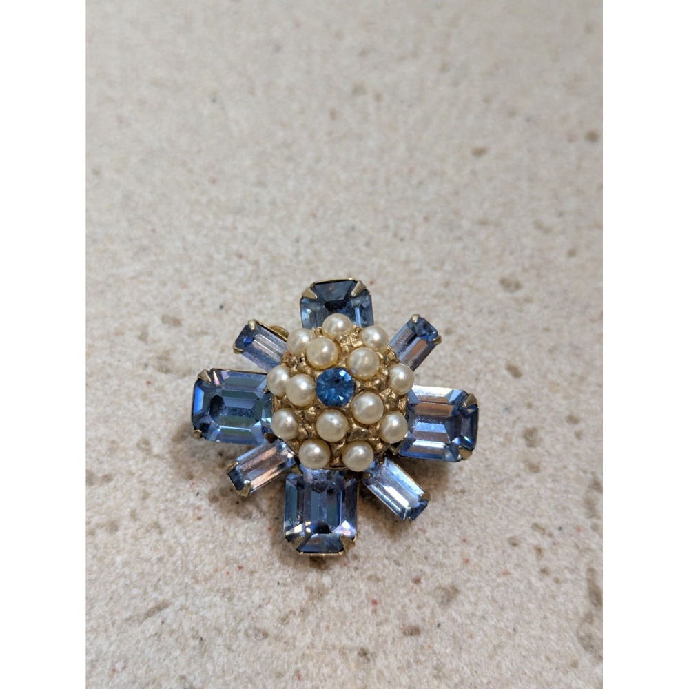 Vintage Atomic Starburst Floral Brooch Blue Rhinestones MCM 1950's Faux Pearls